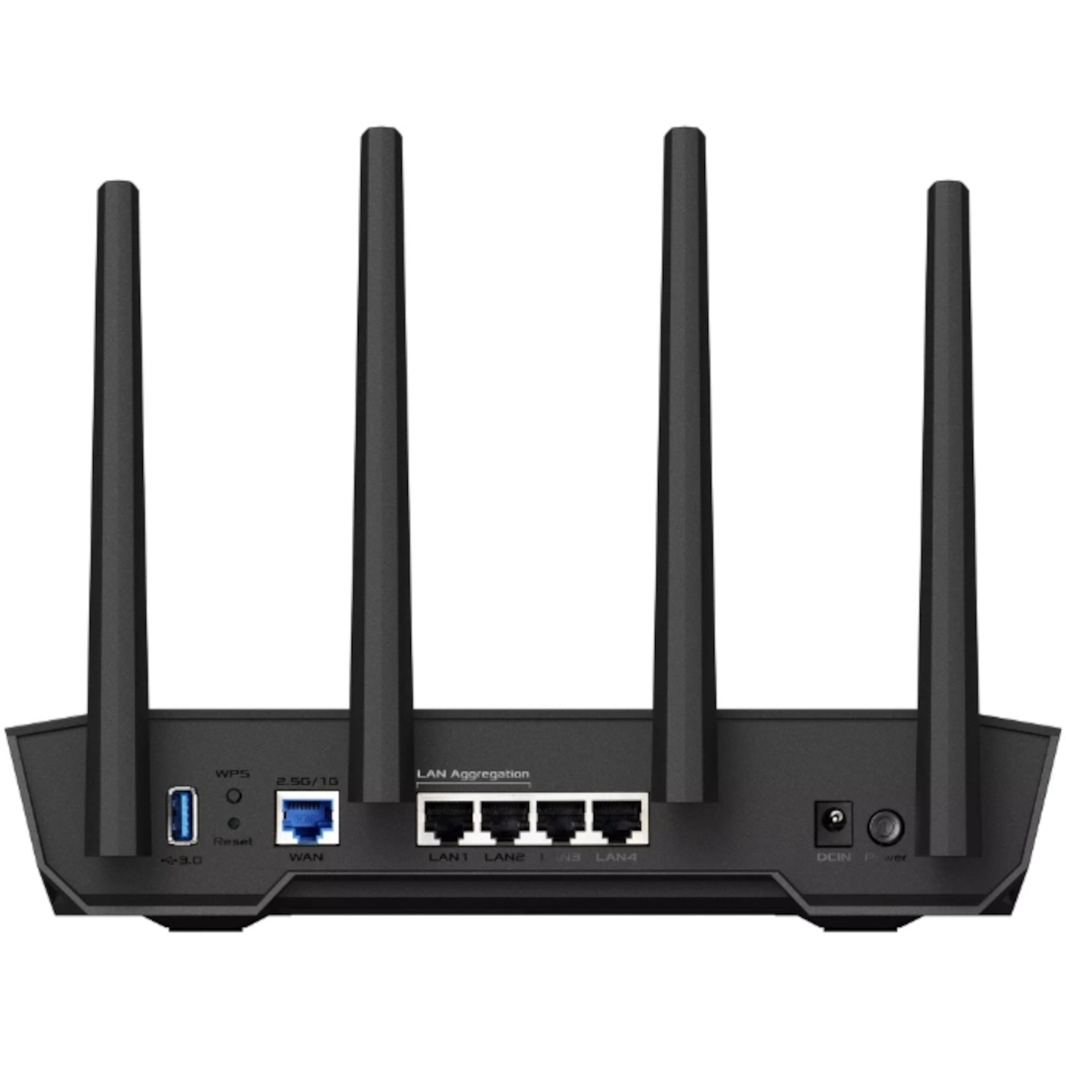 Routeur noir, vue arrière avec 4 antennes, ports LAN, port WAN et entrée d'alimentation.