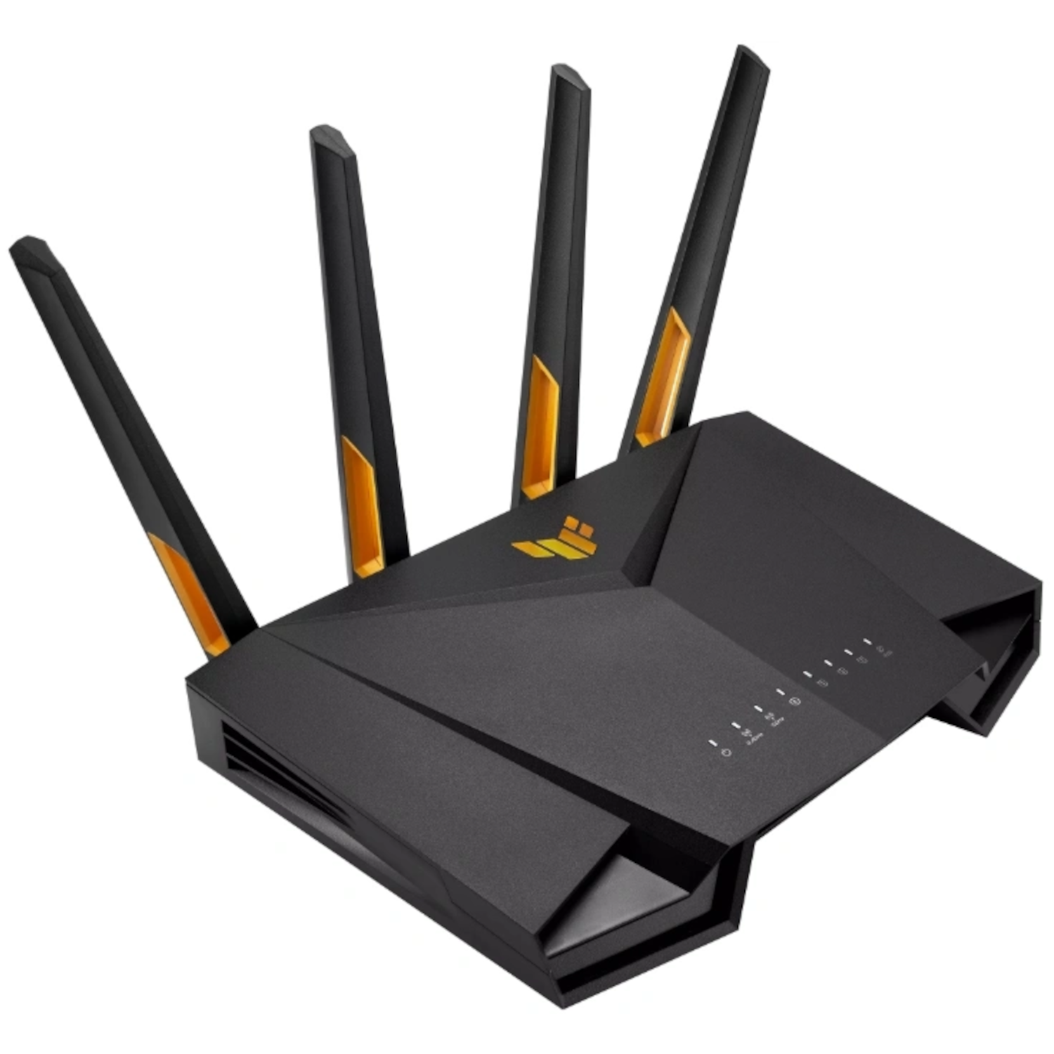 Un routeur noir avec quatre antennes et des accents jaunes.