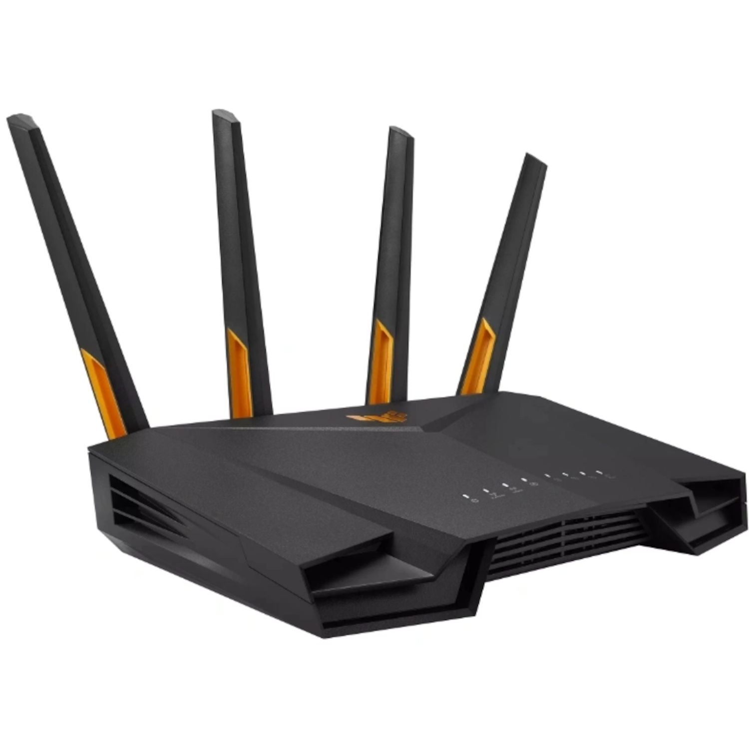 Routeur noir avec quatre antennes. Accents noirs et jaunes. Avant incliné. Fond blanc.