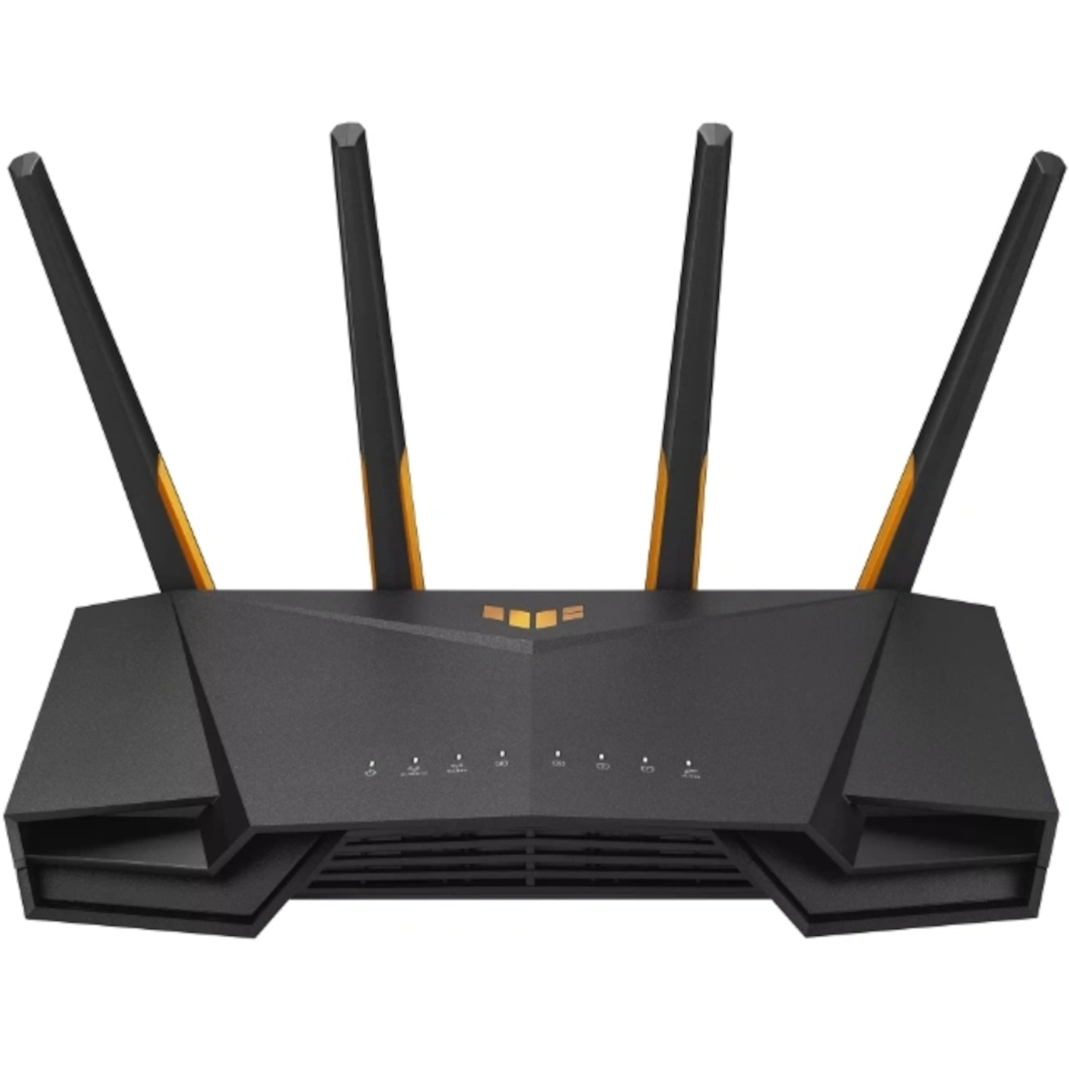Routeur noir avec antennes. Le routeur est sur une surface blanche.