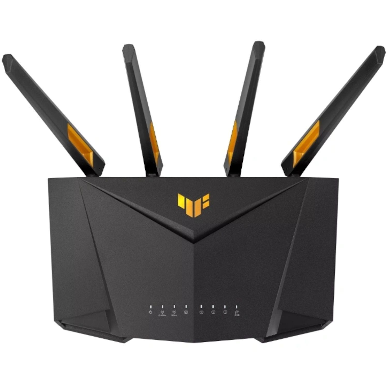 Routeur noir avec quatre antennes et un logo jaune. Ports et lumières sur le panneau avant.