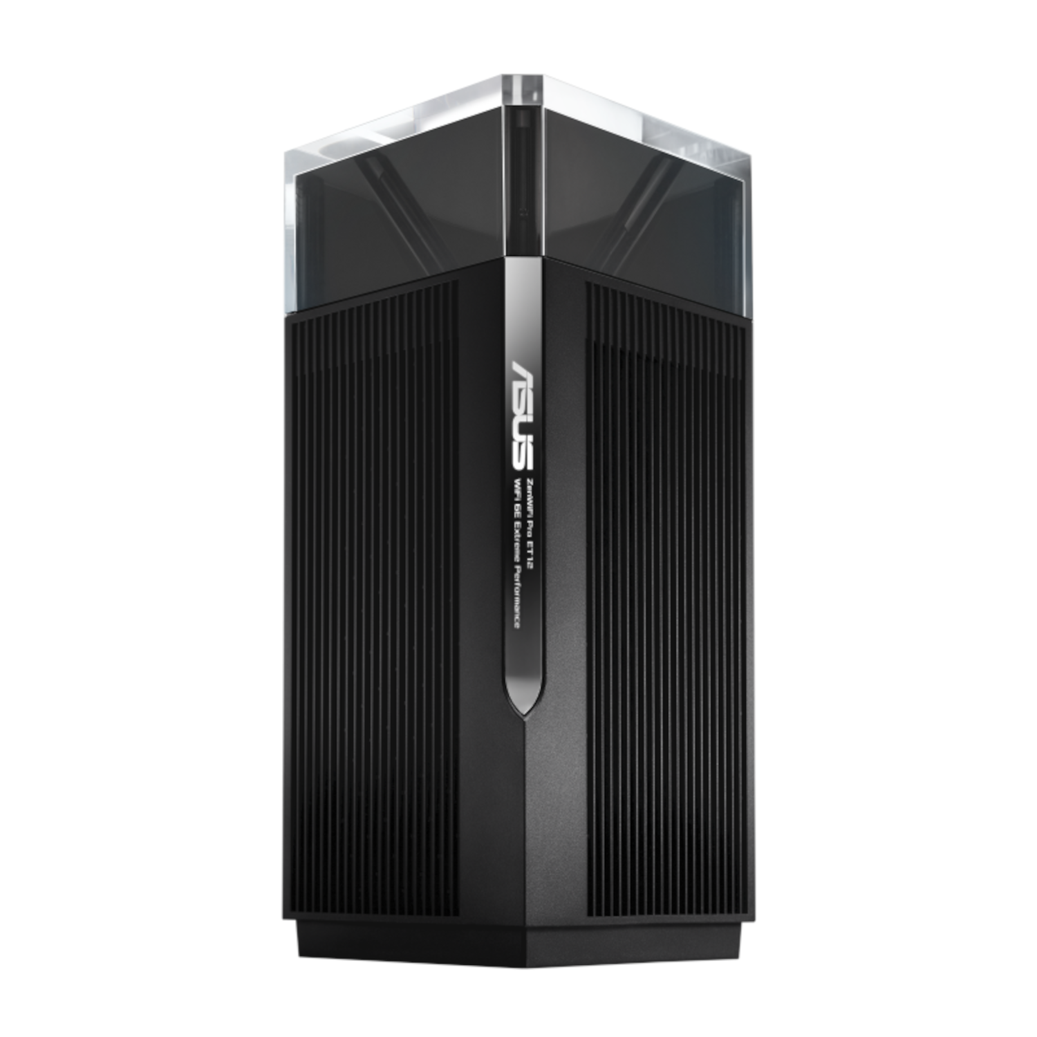 Routeur ASUS noir avec lignes verticales et dessus transparent. Nom de la marque et modèle visibles.