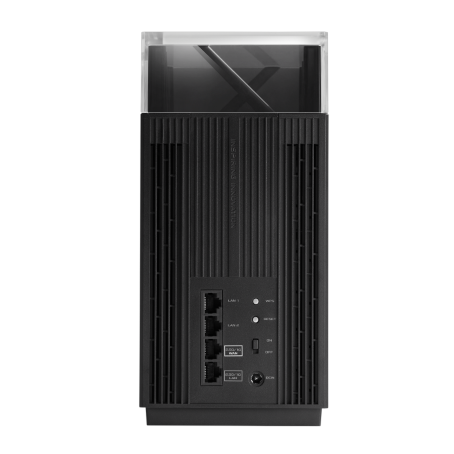 Dos d'un appareil réseau noir avec ports, étiquettes et un dessus transparent.