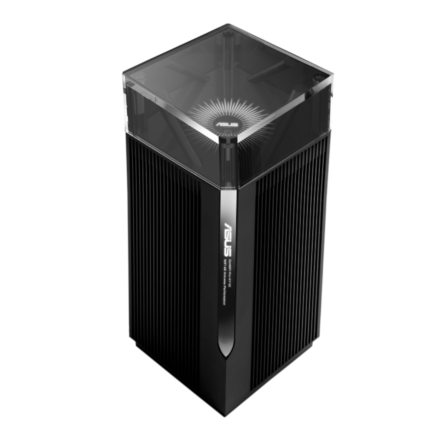 Un routeur ASUS noir et argent avec un dessus transparent, sur fond blanc.