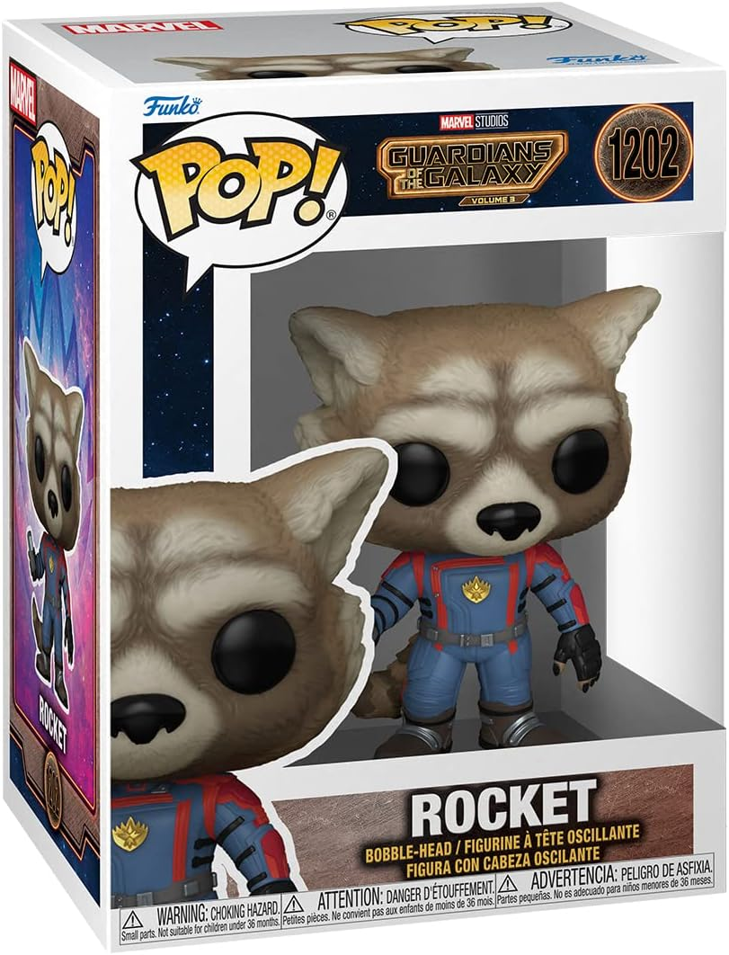 Figura Rocket Funko Pop en caja, de Guardianes de la Galaxia.