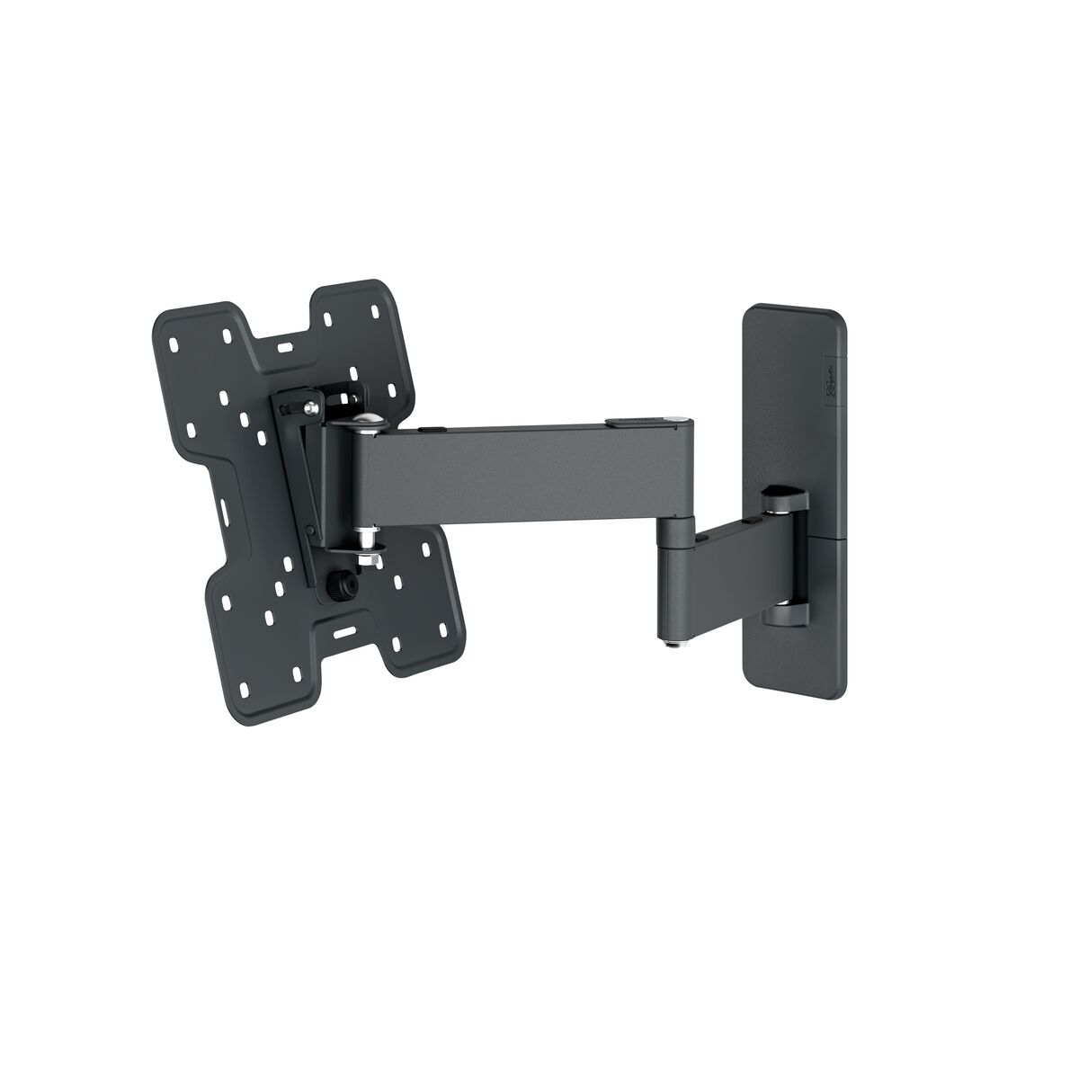 Un soporte de pared para TV, negro, con múltiples puntos de montaje y un brazo ajustable. El soporte está completamente extendido.
