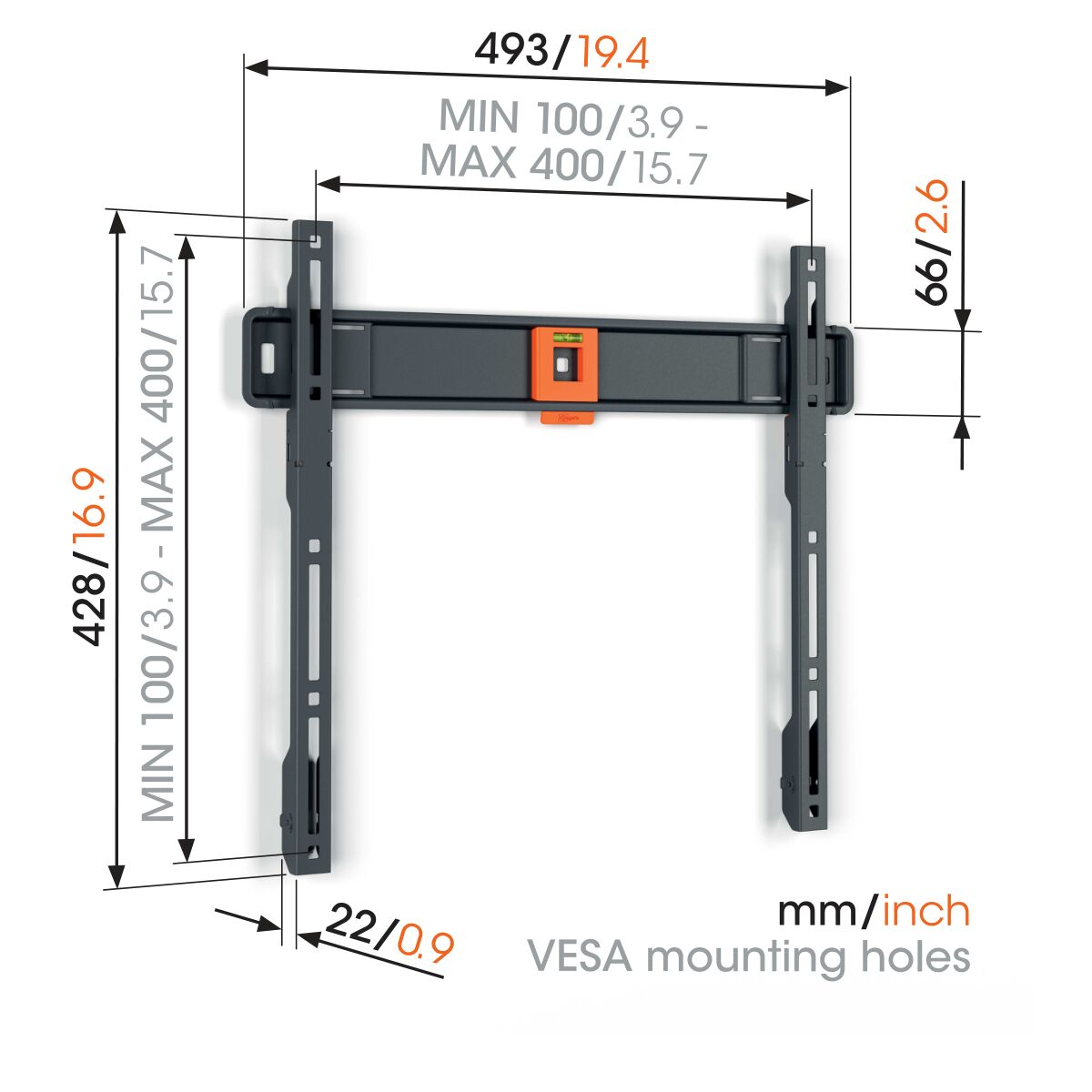 Soporte de pared para TV con dimensiones y medidas, color negro, orificios de montaje VESA.