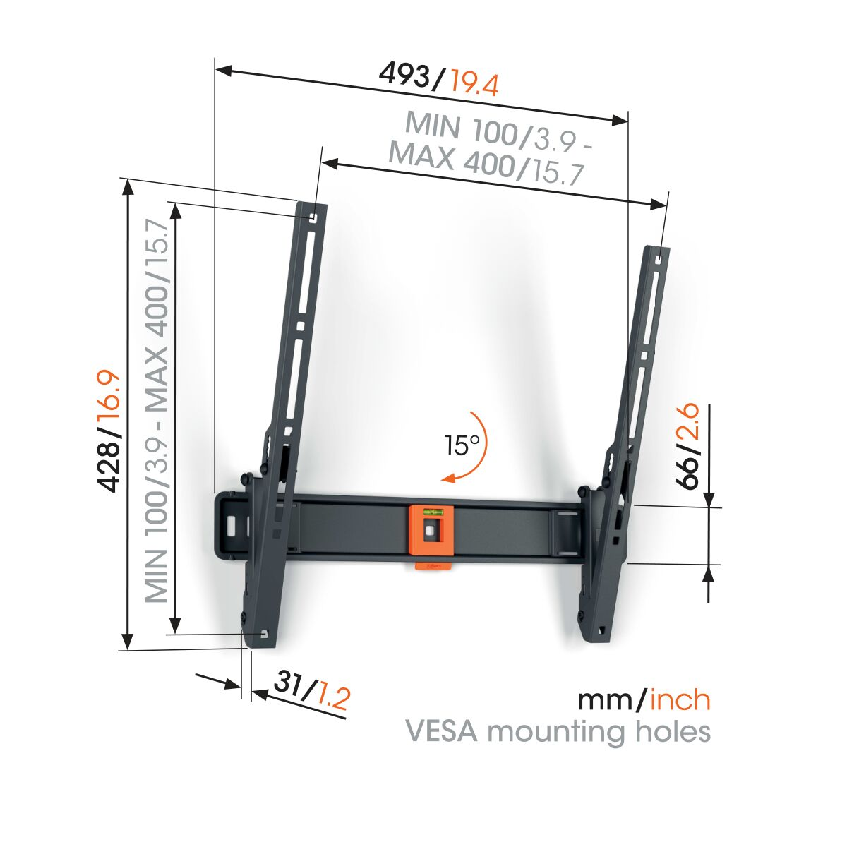 Soporte de pared con dimensiones y detalles del orificio VESA.