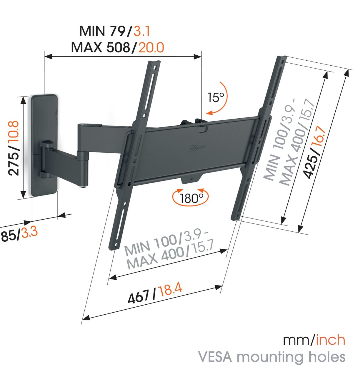 Soporte de pared para TV. Dimensiones y medidas se muestran con flechas. Color gris.