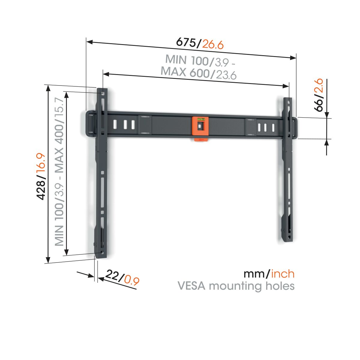 Soporte de pared con dimensiones. Gris, con medidas en mm/pulgadas y orificios de montaje VESA.