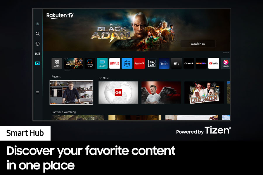 TV-Bildschirm mit Rakuten TV-Oberfläche. Schwarzer Hintergrund.