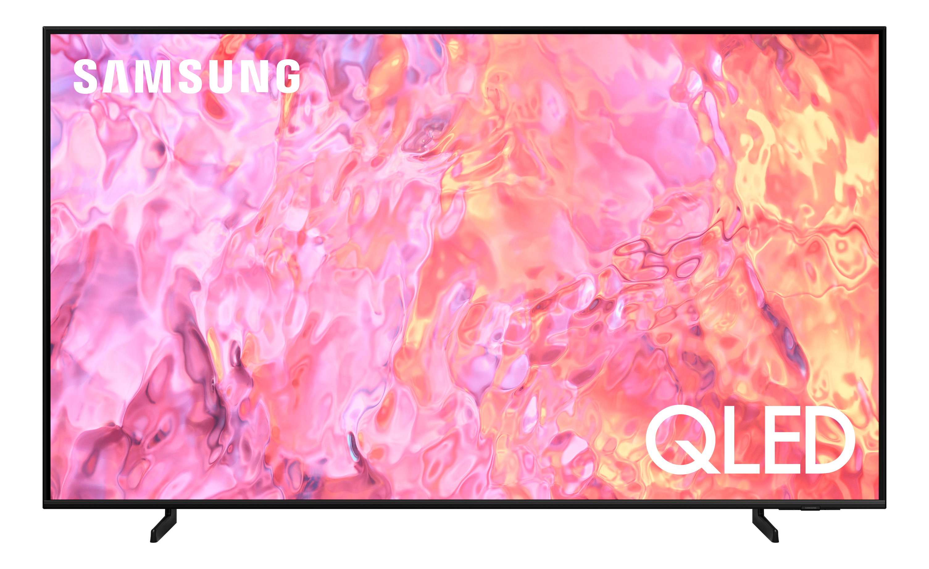 TV Samsung QLED. Colori rosa e rosso sullo schermo. Marchio visibile.