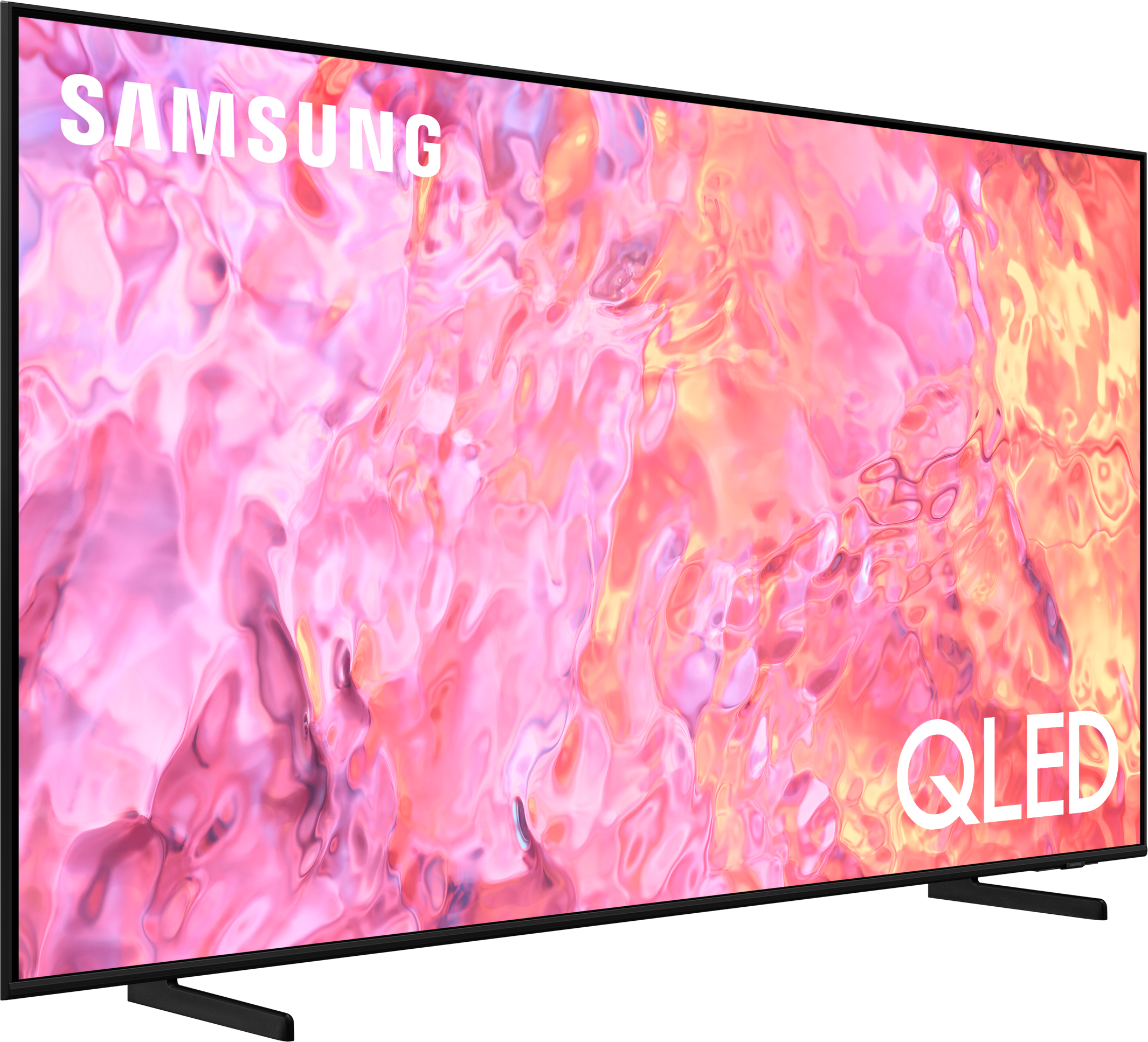 Grande schermo TV Samsung QLED, con arte astratta rosa e bianca.