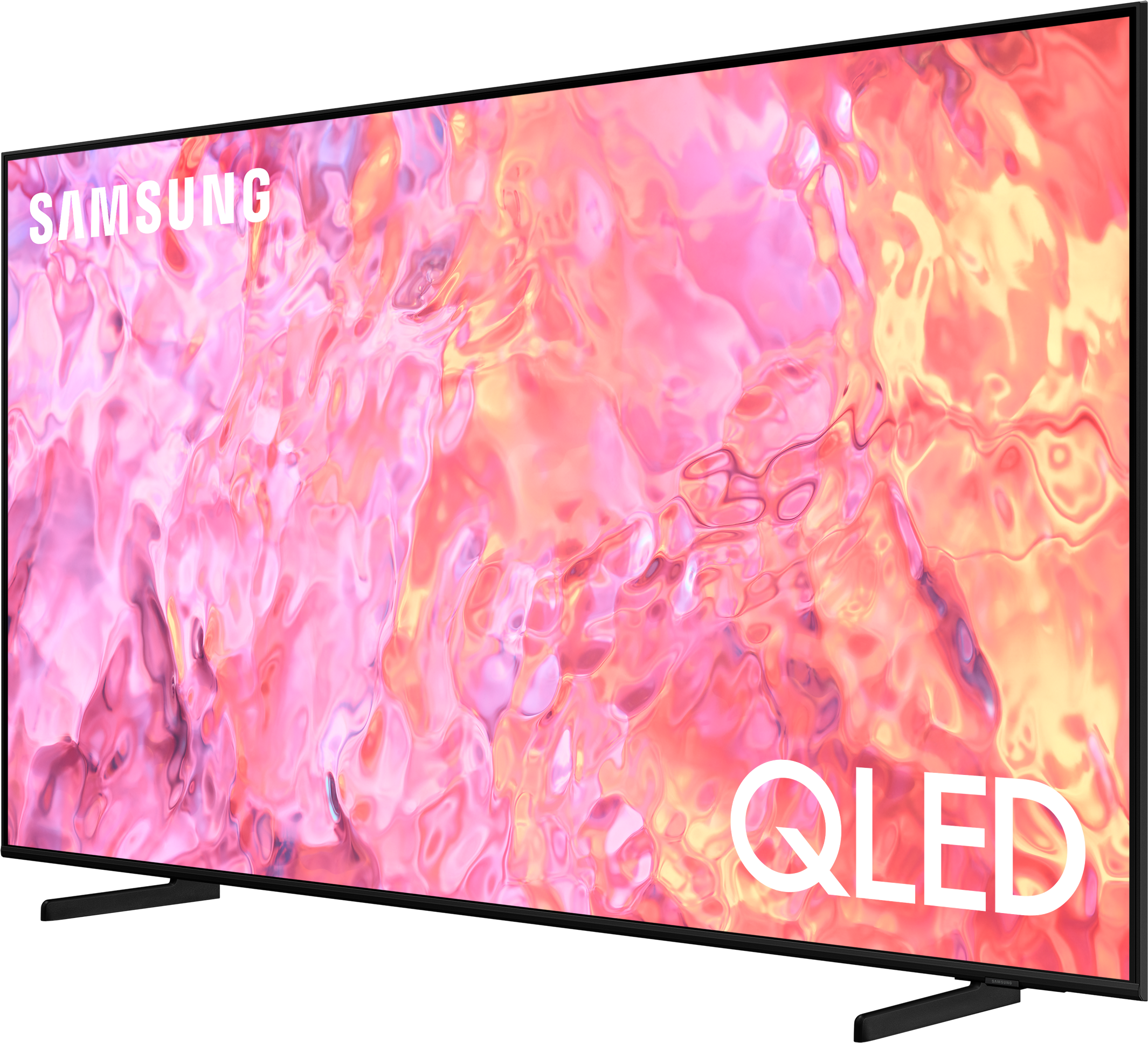 TV Samsung QLED su supporto nero, con display rosa e arancione colorato.