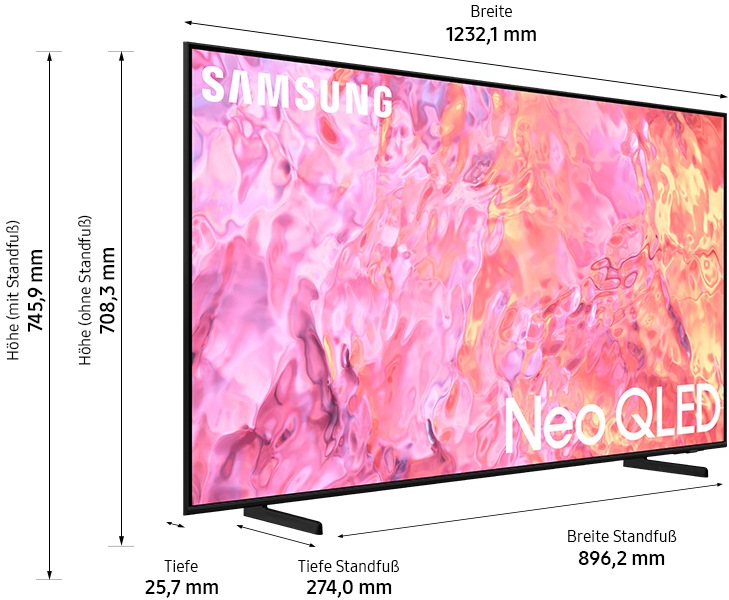Un televisore con dimensioni, che mostra altezza e larghezza, con il testo "Neo QLED" sullo schermo.