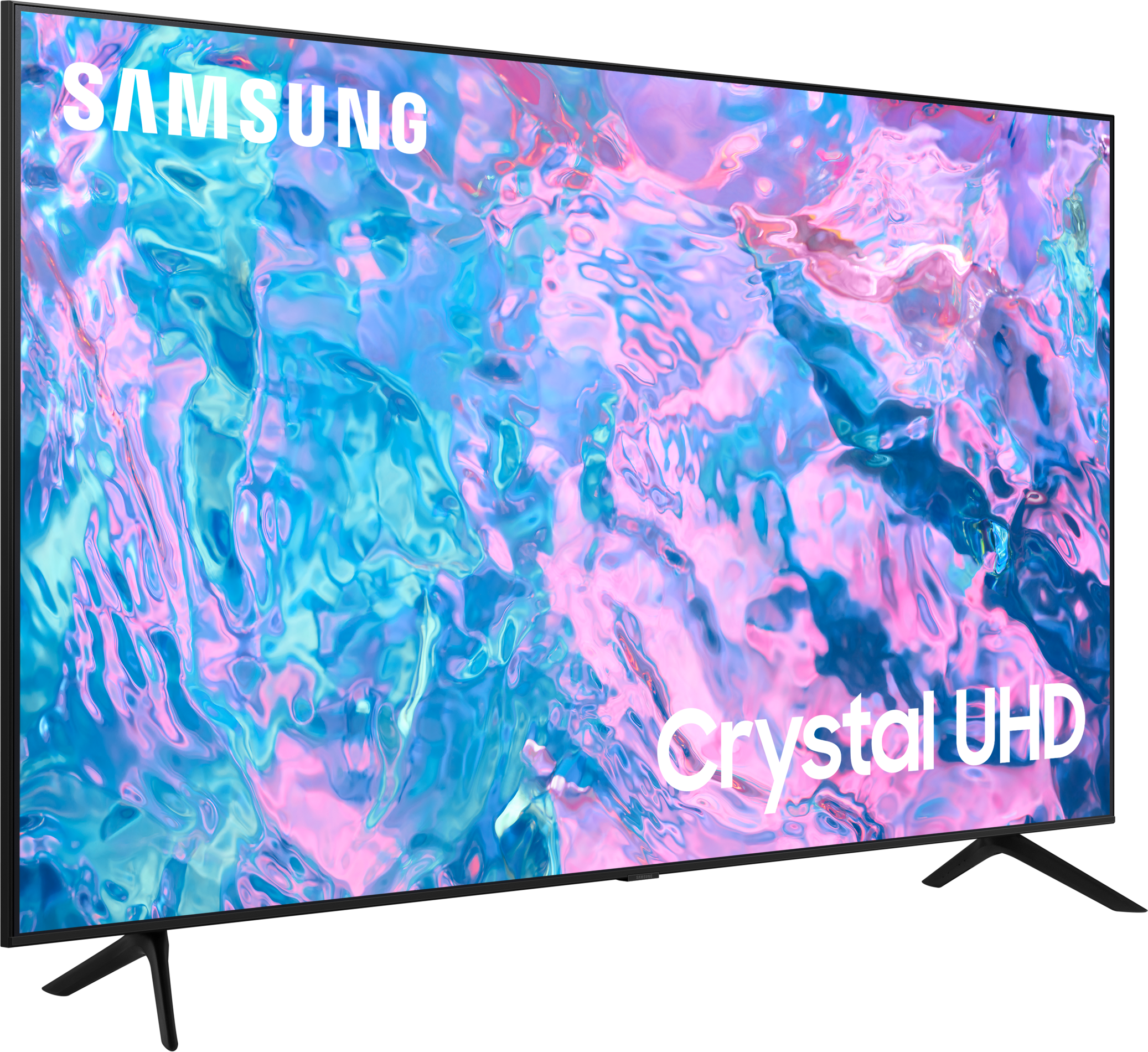 Ein großer Samsung Crystal UHD Fernseher auf schwarzen Beinen, mit abstraktem Muster.