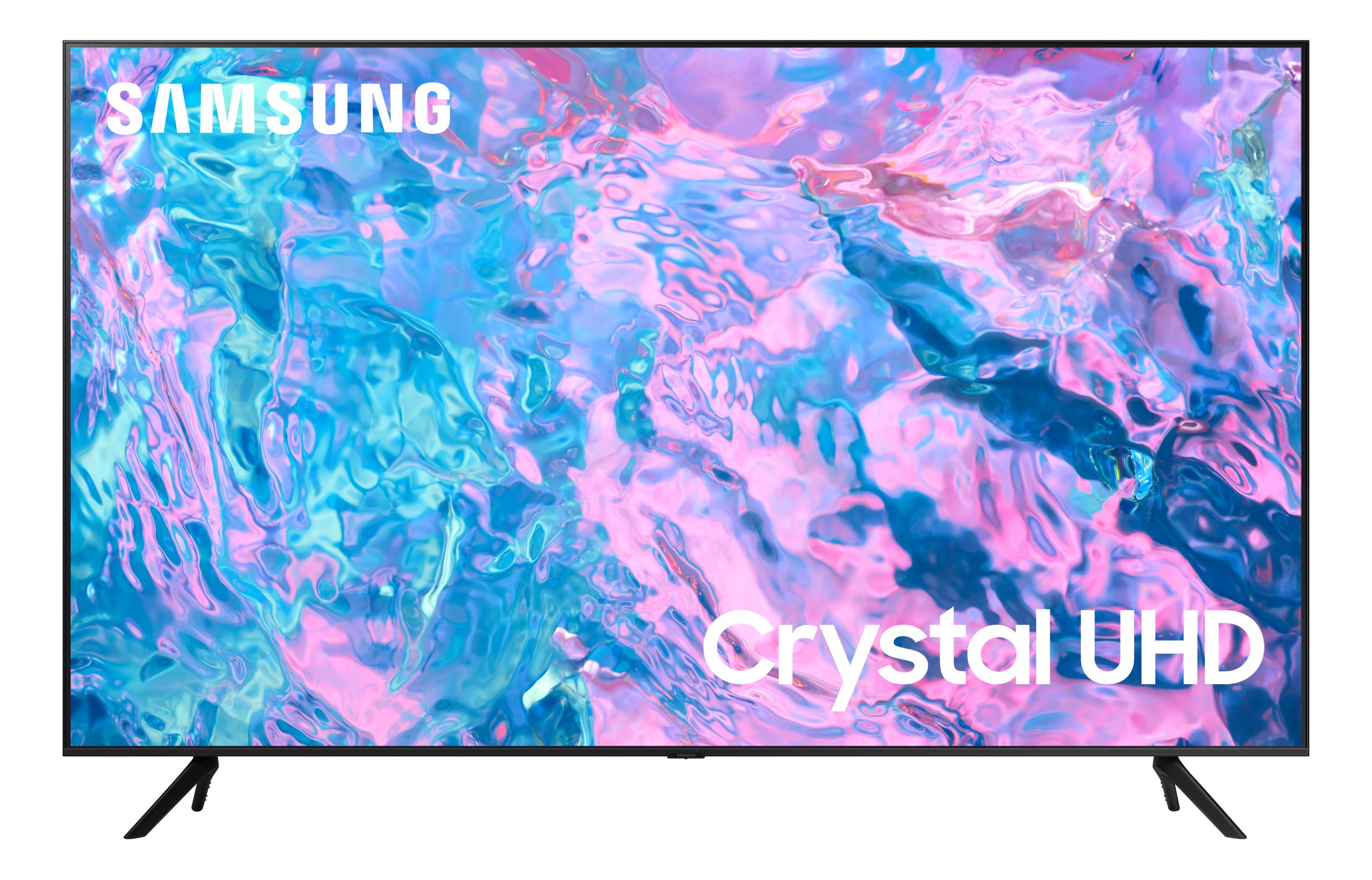 Ein Flachbild-Samsung Crystal UHD-TV, das ein farbenfrohes abstraktes Bild zeigt.