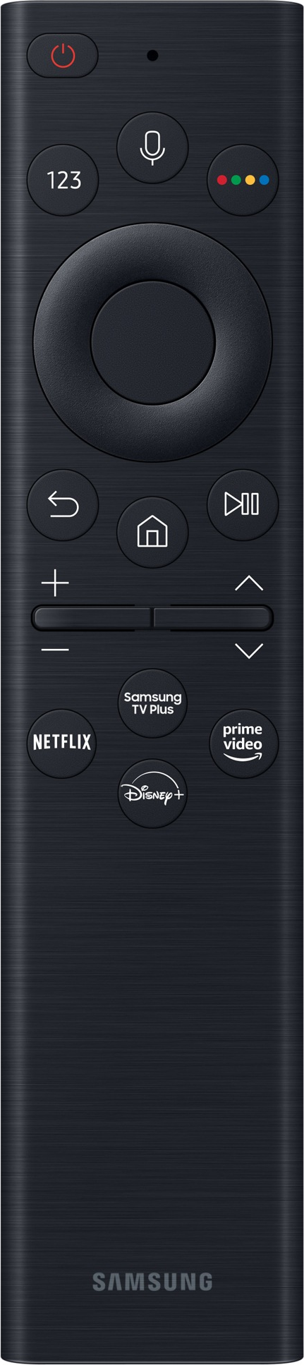 Samsung TV-Fernbedienung, schwarz mit verschiedenen Tasten. Netflix, Disney+ und Prime Video.