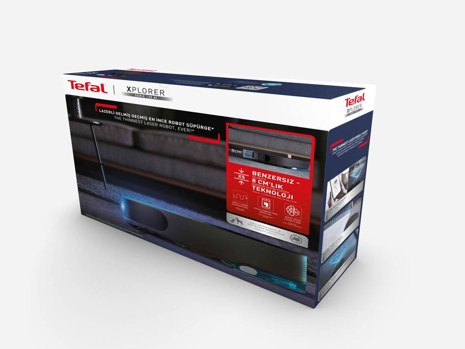 Tefal X-PLORER robot süpürge kutusu, ürün resimleri ve metin, beyaz arka plan.