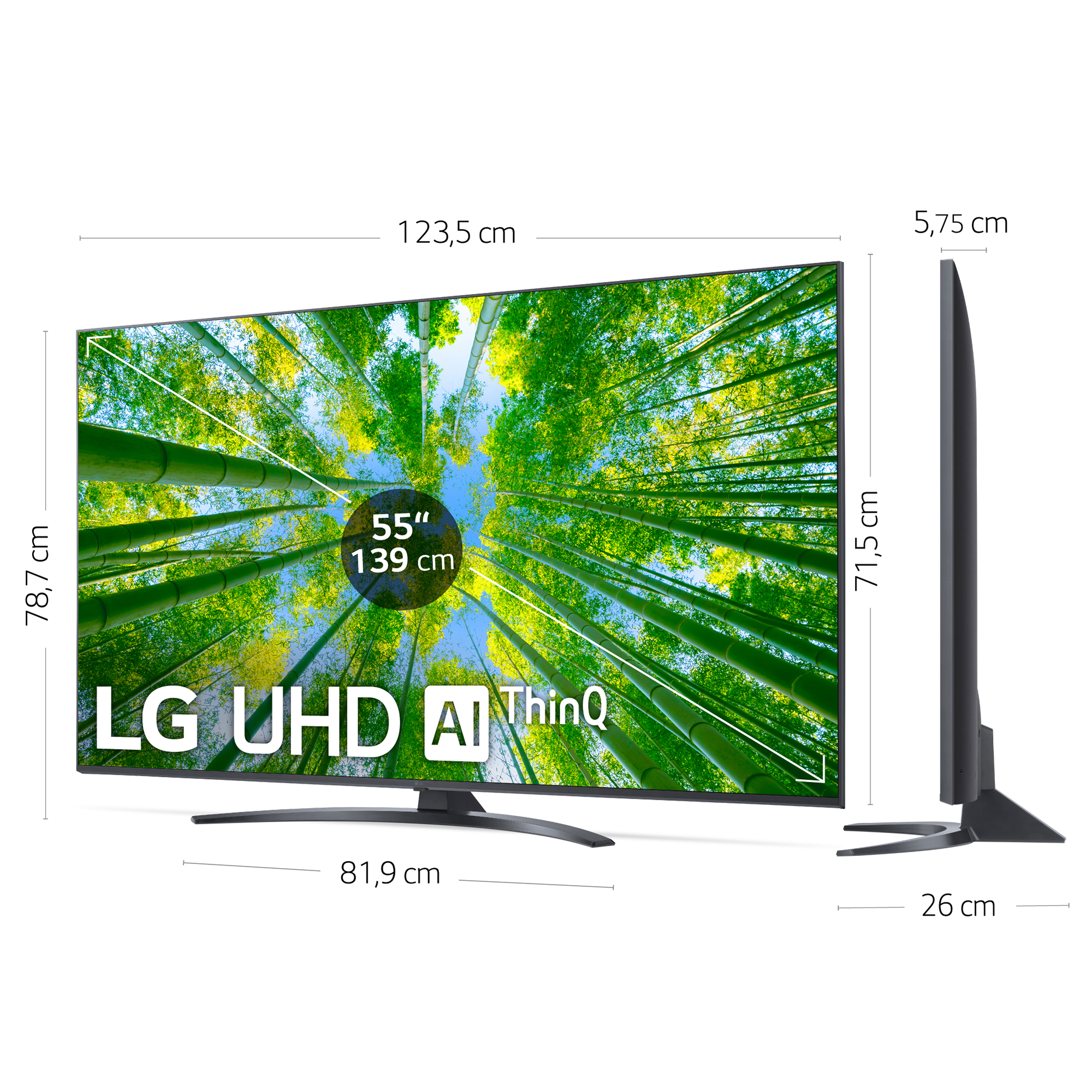 Un televisor grande con dimensiones etiquetadas, mostrando una escena de bosque en su pantalla, junto a su vista de perfil.