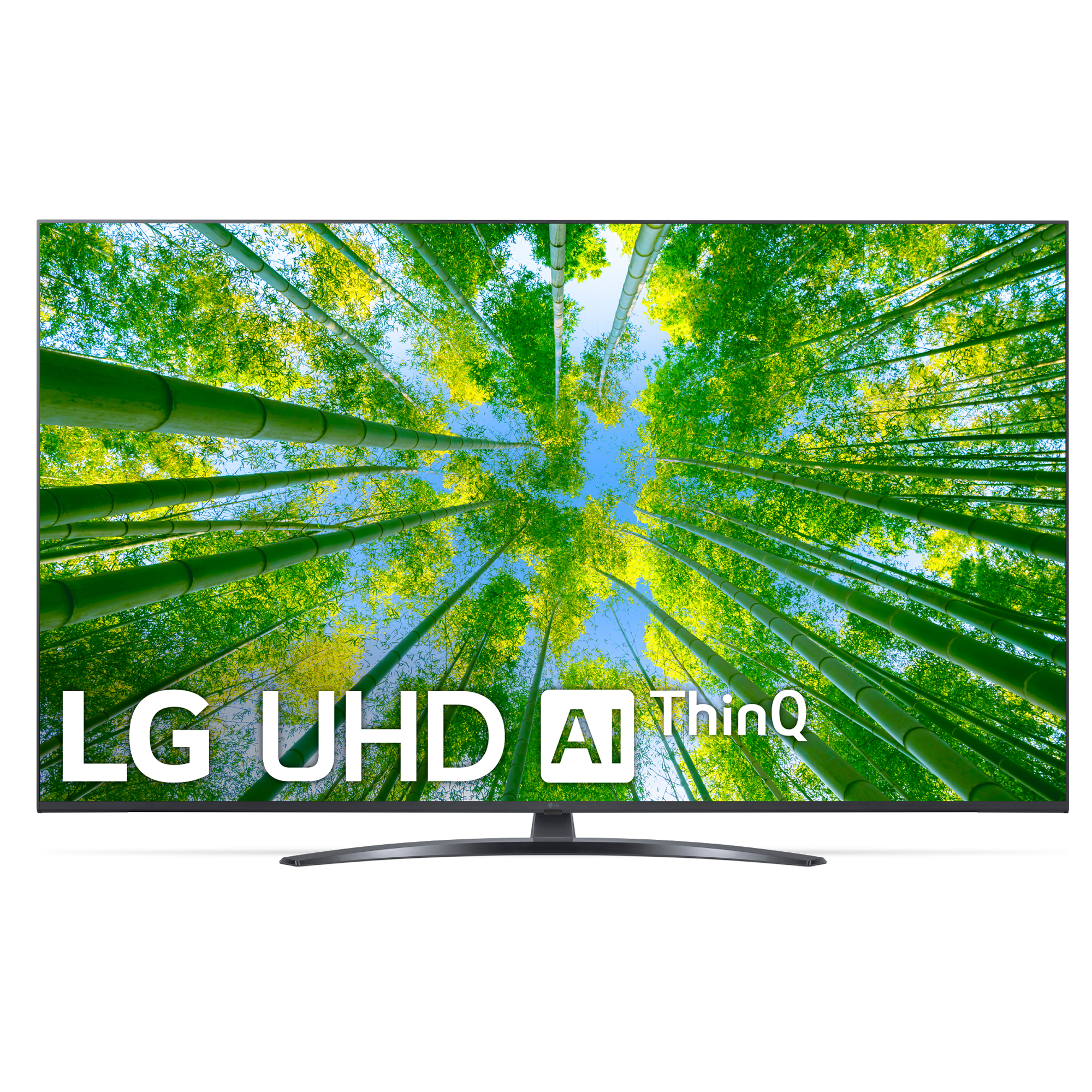 TV LG UHD muestra una escena de bosque de bambú. Texto 'LG UHD AI ThinQ' en la parte inferior.