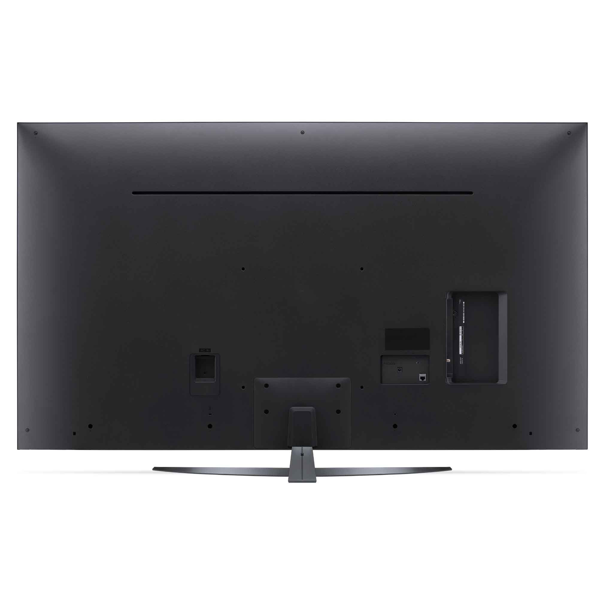 Parte trasera de un televisor grande y negro con puertos y soporte, sobre fondo blanco.