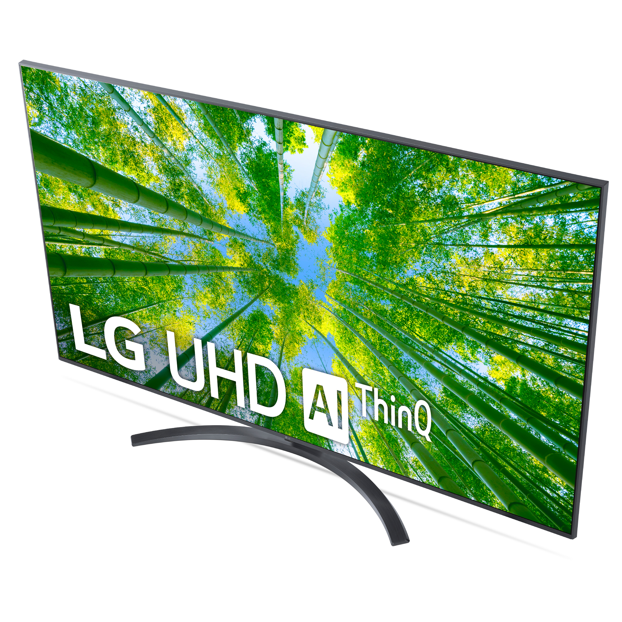 TV LG UHD AI ThinQ. Pantalla curva muestra bosque de bambú. Logotipo y soporte de LG visibles.