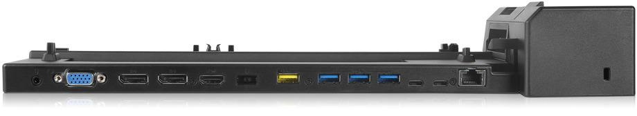 Station d'accueil noire montrant divers ports. Comprend des ports USB, HDMI, Ethernet et prise audio.