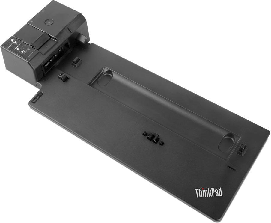 Une station d'accueil Lenovo ThinkPad noire, vue de dessus. Montre les ports et le logo ThinkPad.