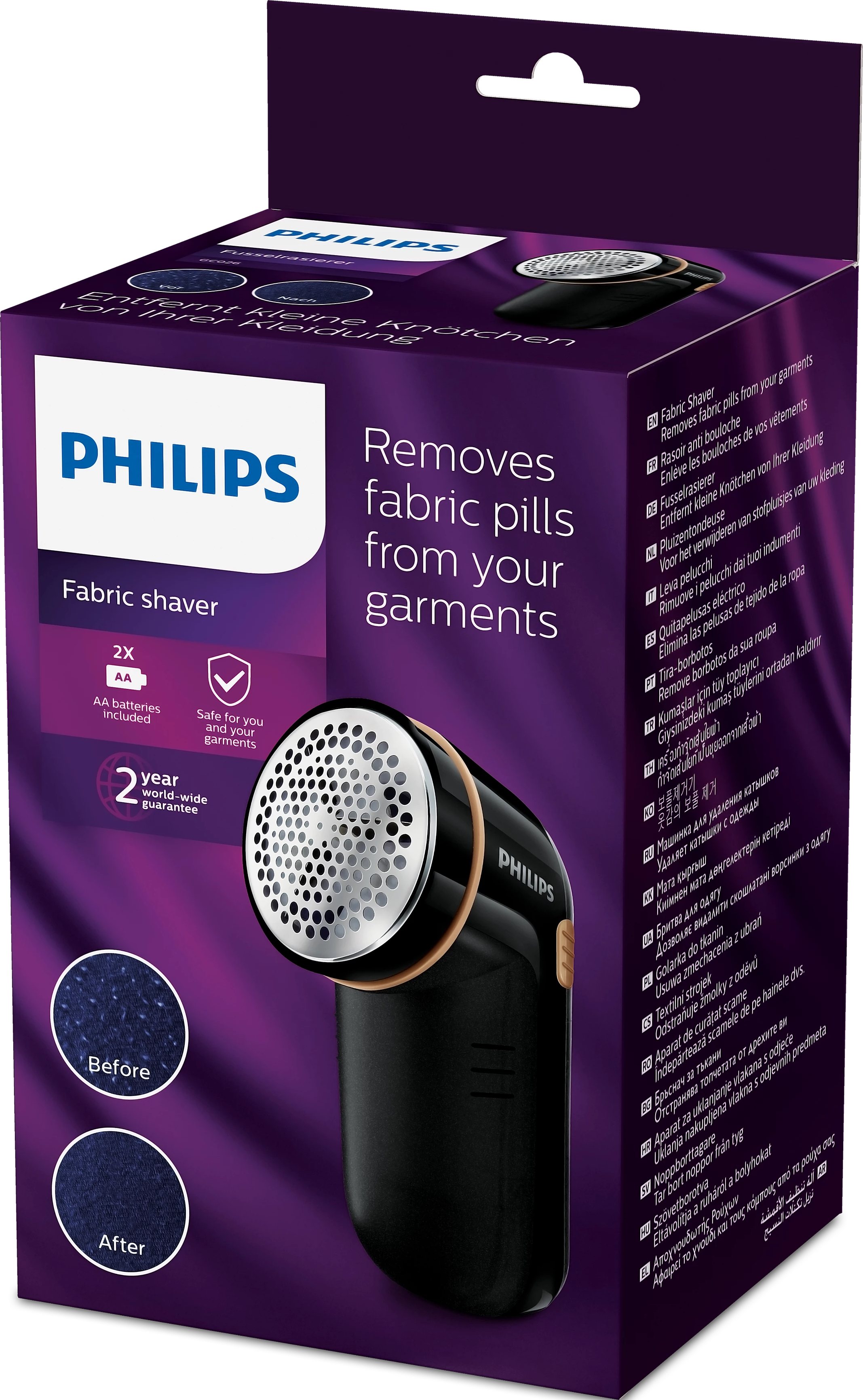 Eine Schachtel mit einem Philips Stoffrasierer. Die Schachtel ist lila mit Bildern des Rasierers.