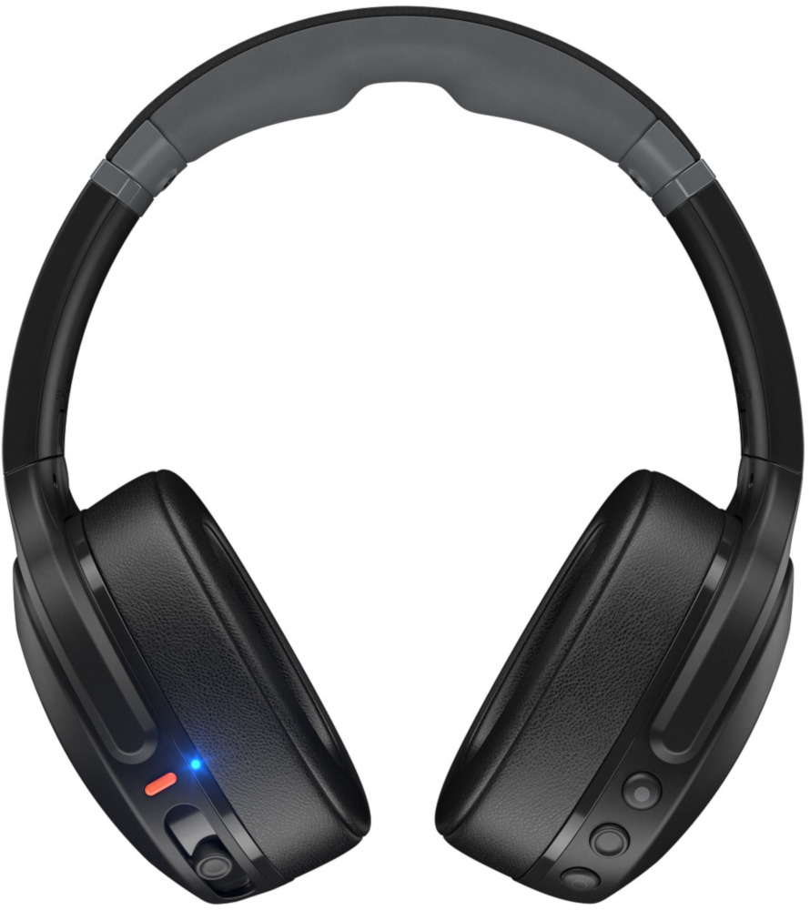 Black over-ear headphones with a gray headband. The headphones have buttons and a blue light.