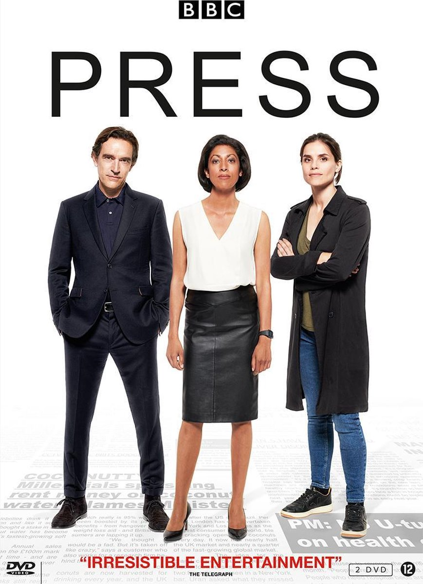 DVD-hoes: Drie mensen op een witte achtergrond, de titel PRESS in grote letters.