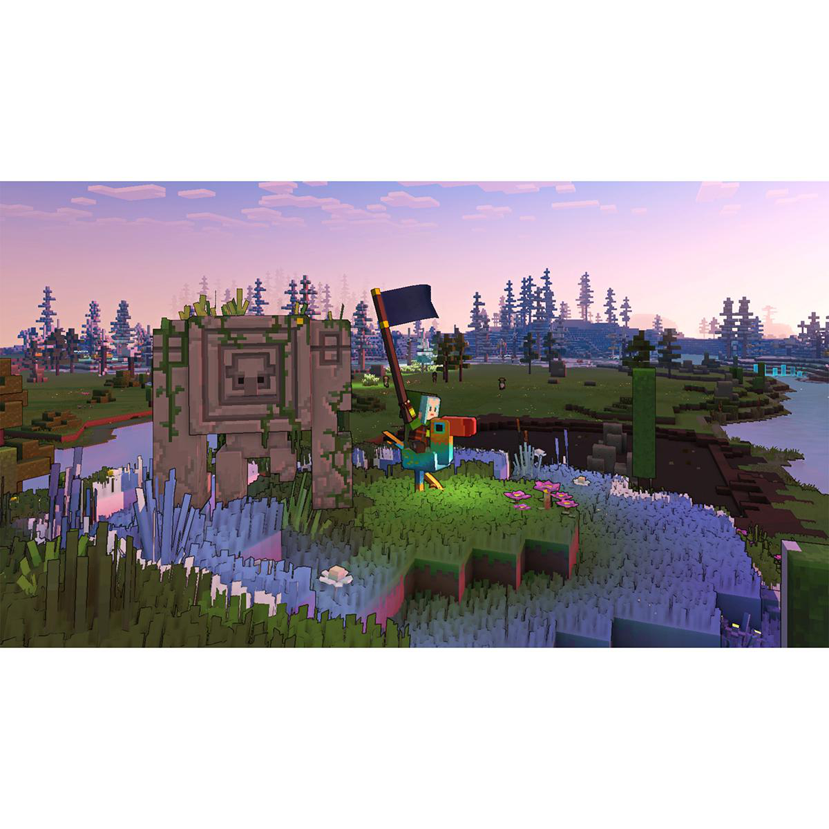 Voxel-Spielszene. Figur mit Flagge. Steinstruktur, Bäume und Gras. Rosa Himmel.