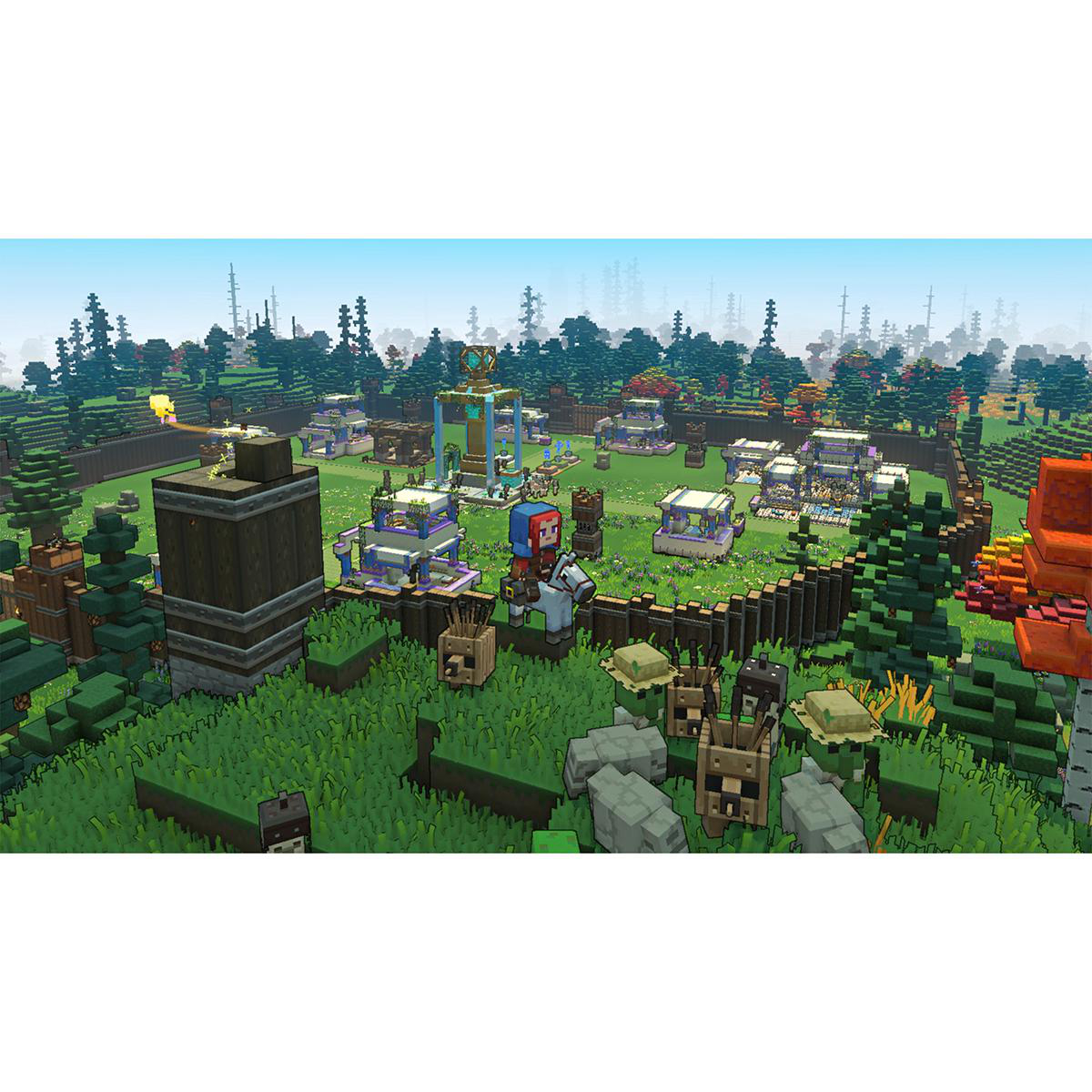 Minecraft-Spielszene mit Gebäuden, Bäumen und Charakteren.