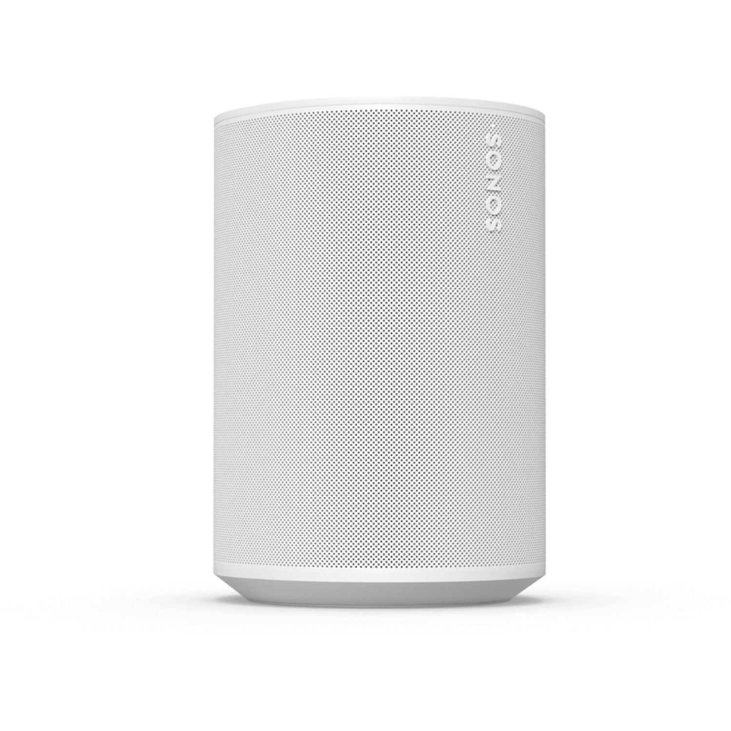 Een witte cilindrische Sonos-luidspreker, met het Sonos-logo, op een witte achtergrond.