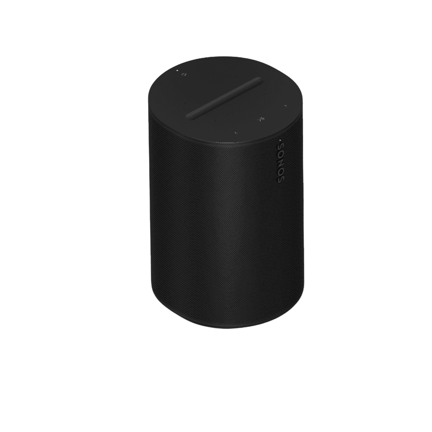 Zwarte Sonos Era 100-luidspreker. Het heeft een cilindrische vorm met een platte bovenkant.