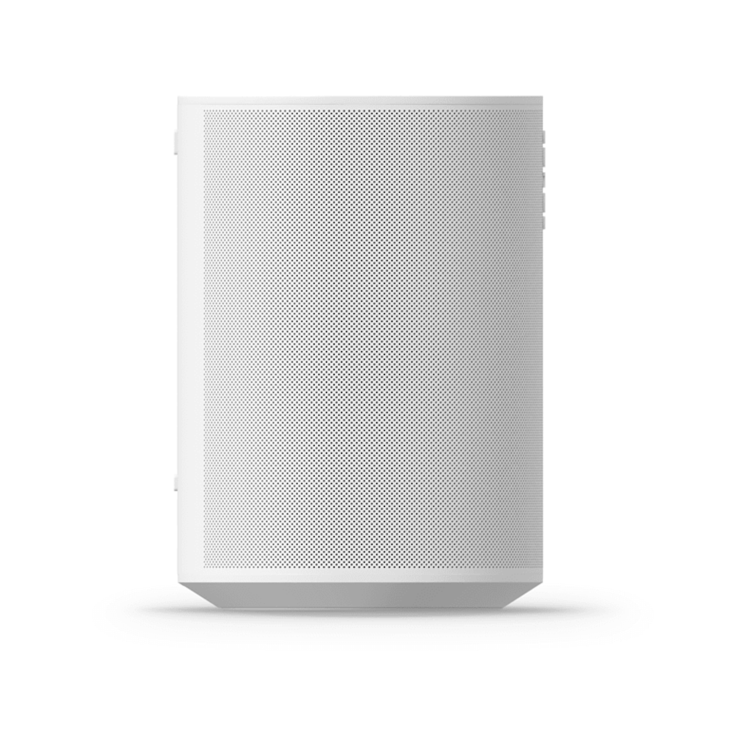 Witte luidspreker met kleine gaatjes op het oppervlak, strak design.