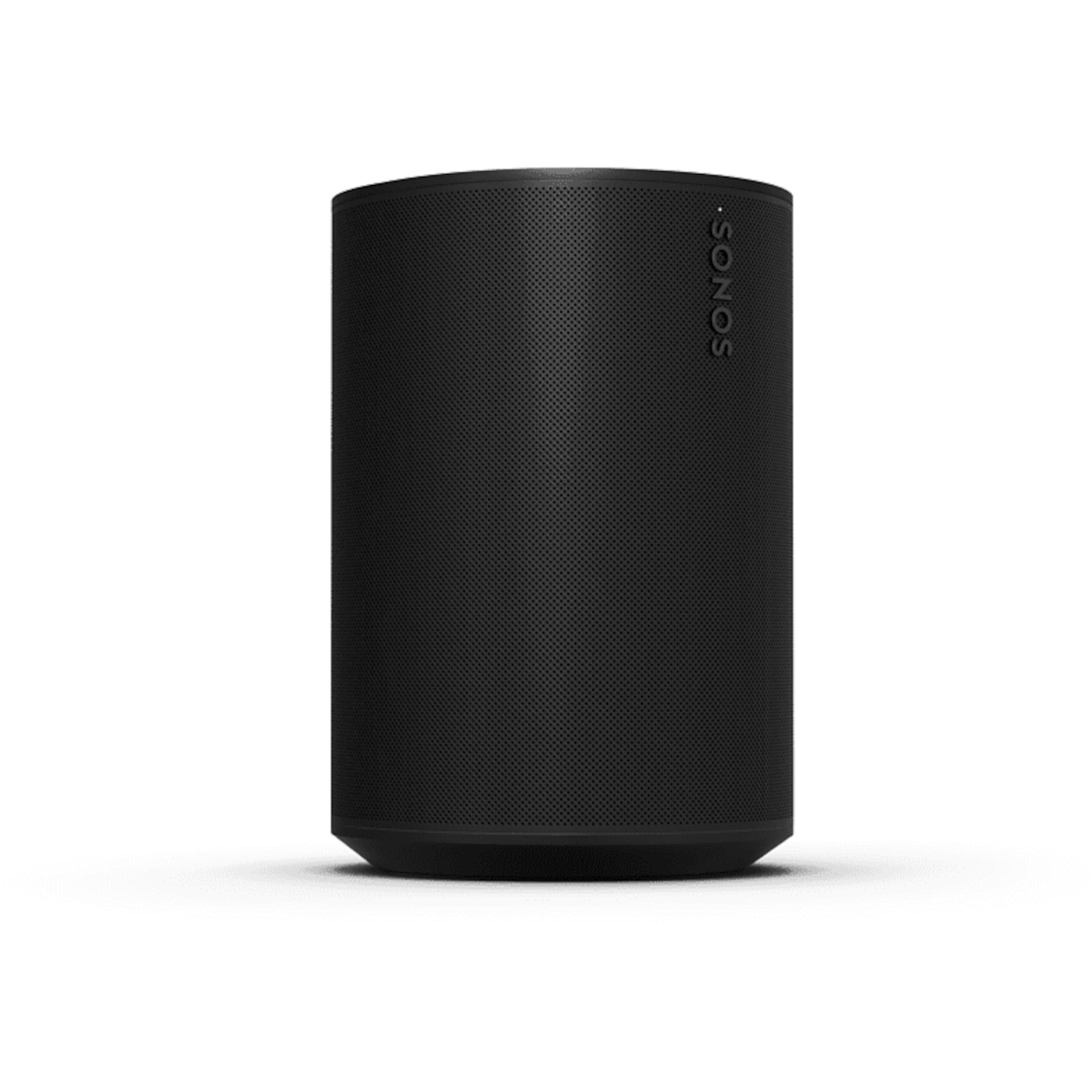 A black Sonos speaker, cylindrical shape, on a white background.