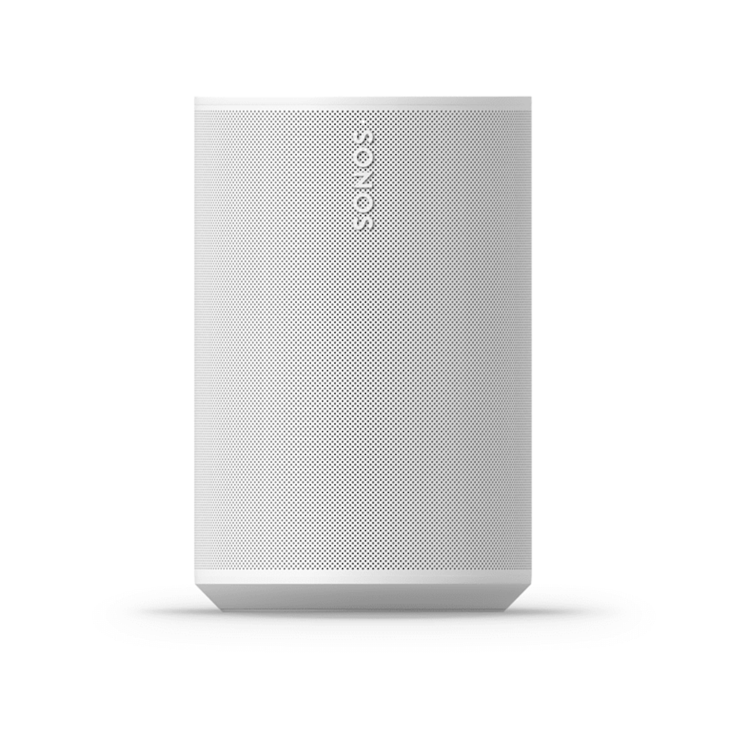 Witte Sonos-luidspreker met een geperforeerde voorkant, op een witte achtergrond.