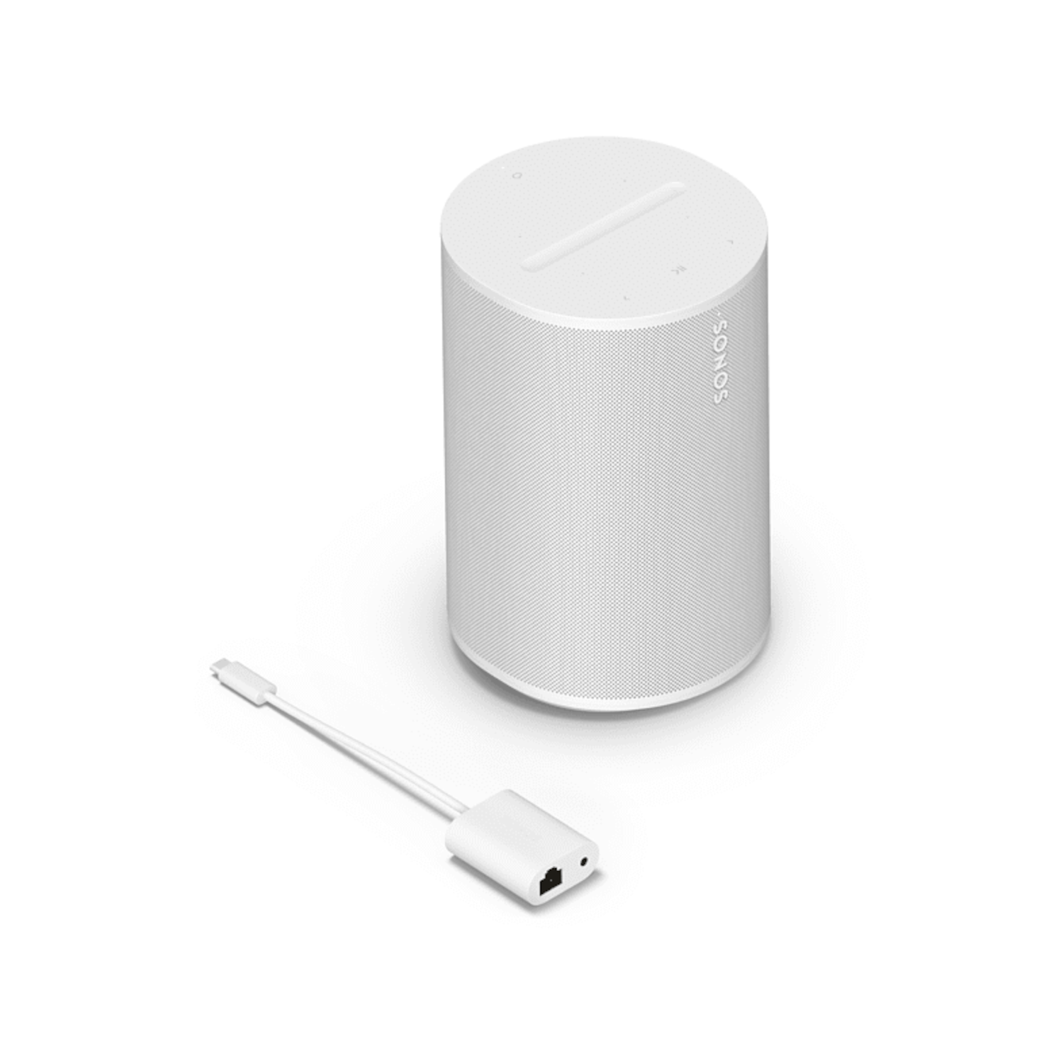 Witte Sonos-luidspreker met witte kabel. De luidspreker is cilindrisch en heeft een kabel.