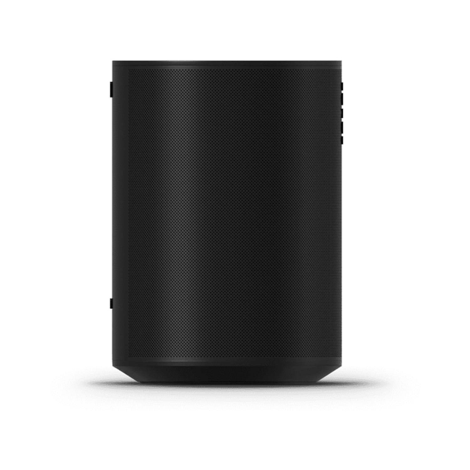 Black cylindrical speaker. Shows a mesh design with a flat bottom. Small buttons on the side.