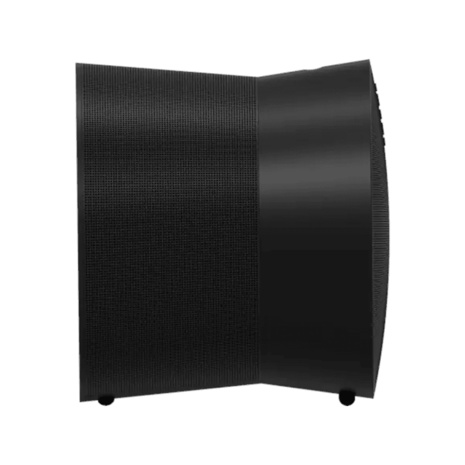 Black, rectangular speaker with a mesh front and rounded edges, set against a white backdrop.