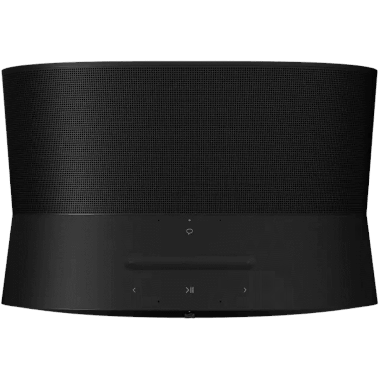Black, curved speaker with a perforated front and control buttons.