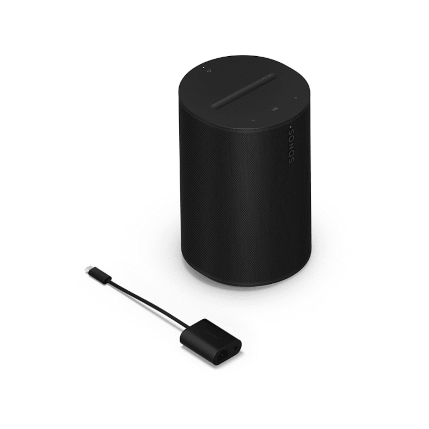 Black Sonos speaker and a black USB-C adapter. White background.