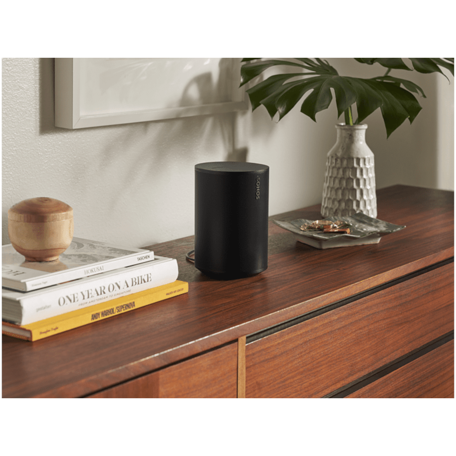 Black speaker on a wooden surface. Books, a wooden bowl, and a vase with plant are nearby.