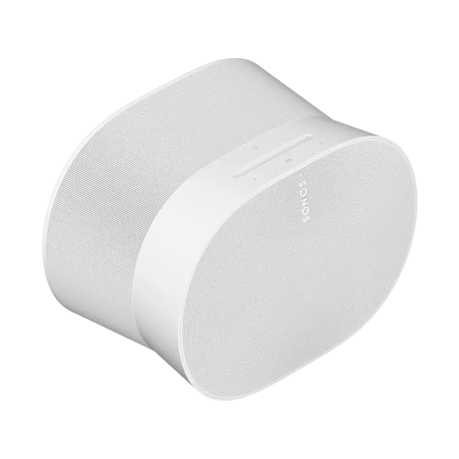 White Sonos speaker angled, showing the speaker mesh, on a white background.