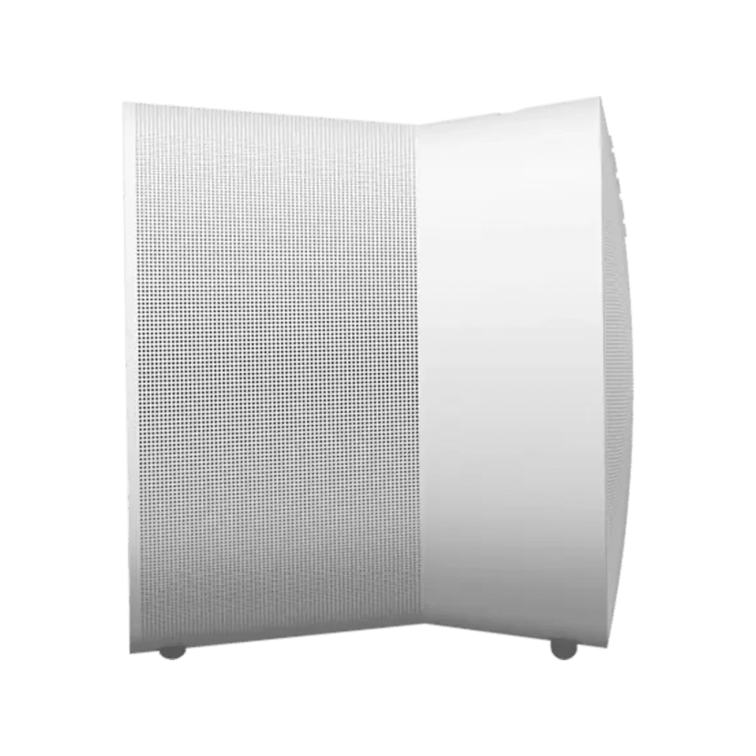 A white speaker with a perforated front and a curved, solid side. It stands on a white surface.