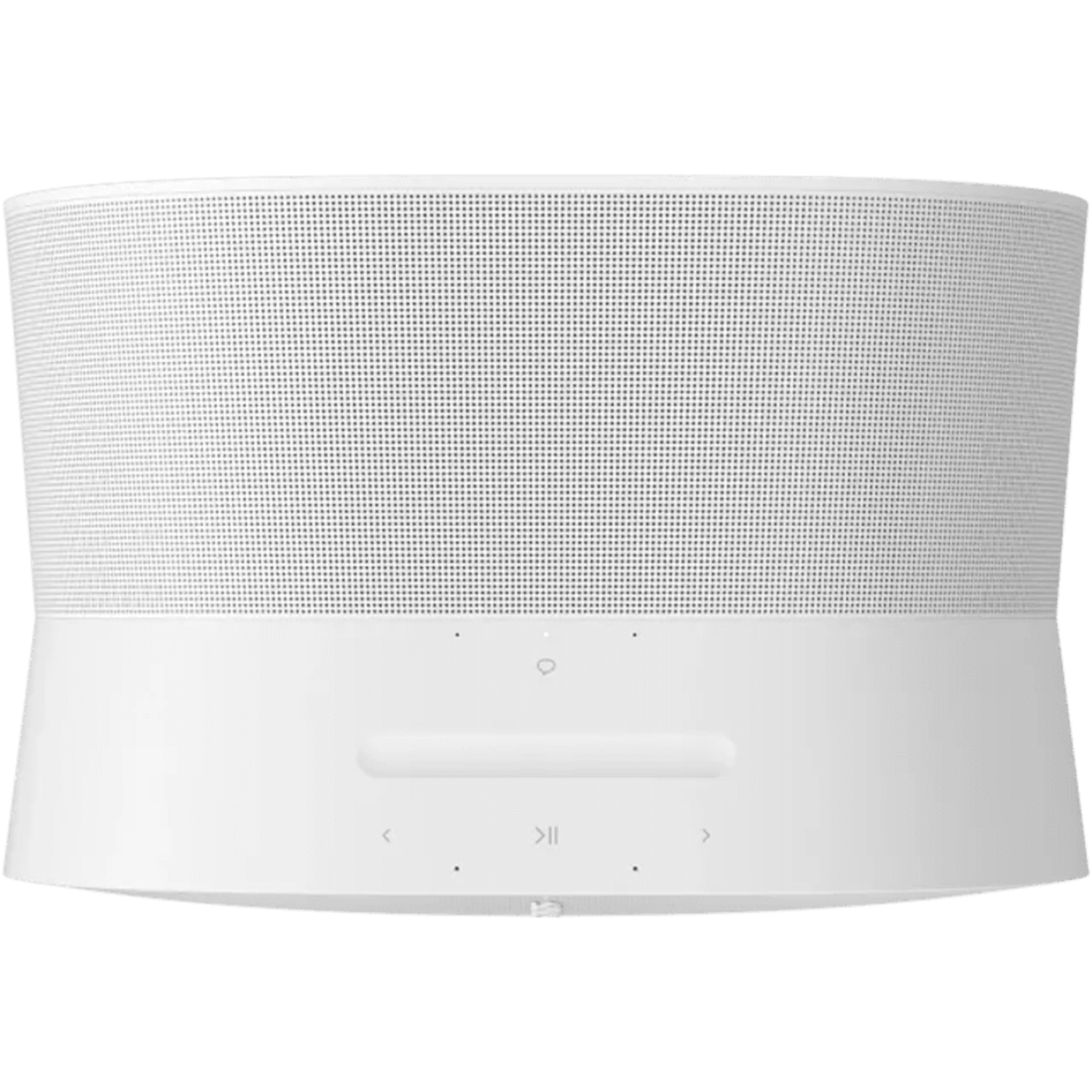White speaker with a mesh front and buttons. White background.