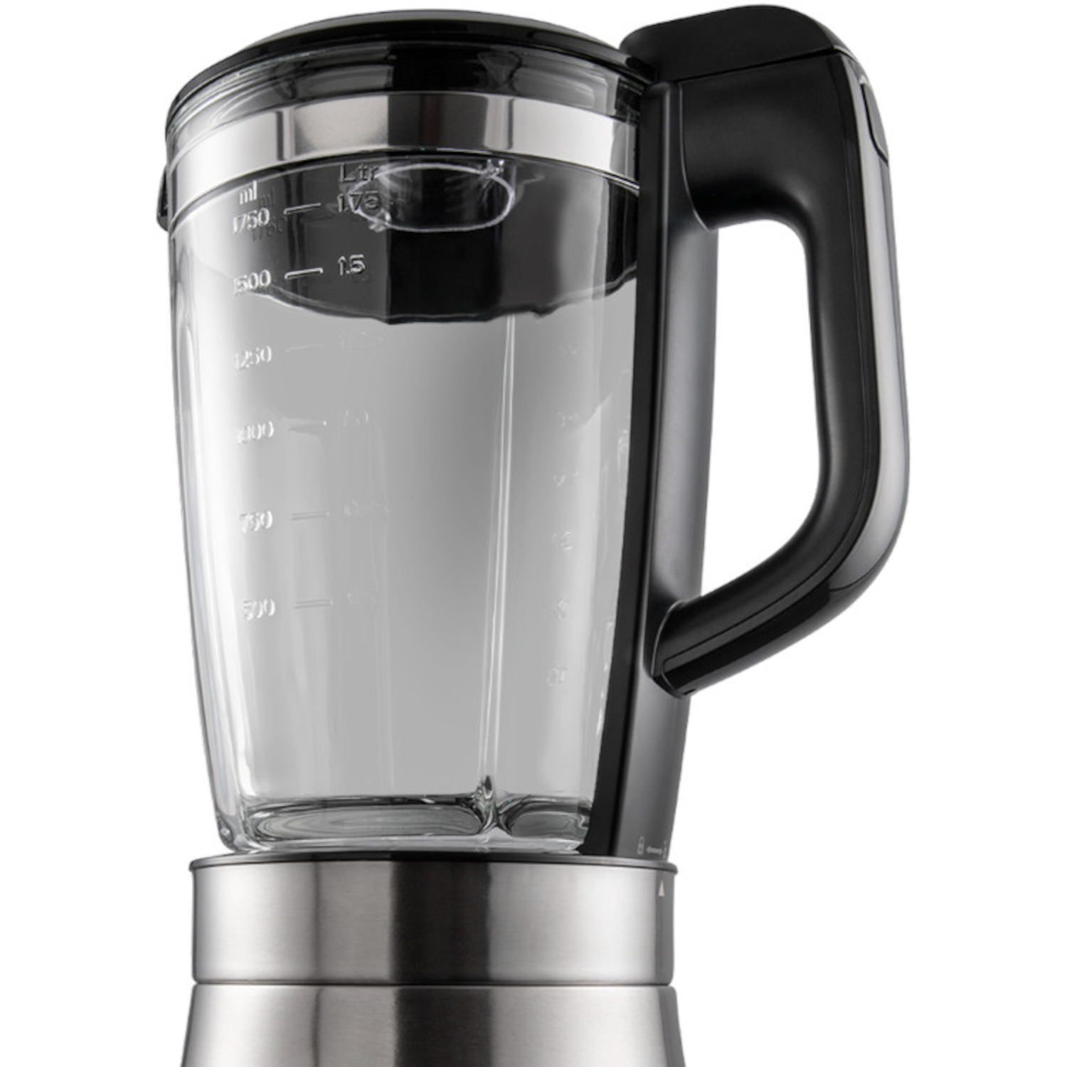 Close-up of a blender with a black handle and clear container.