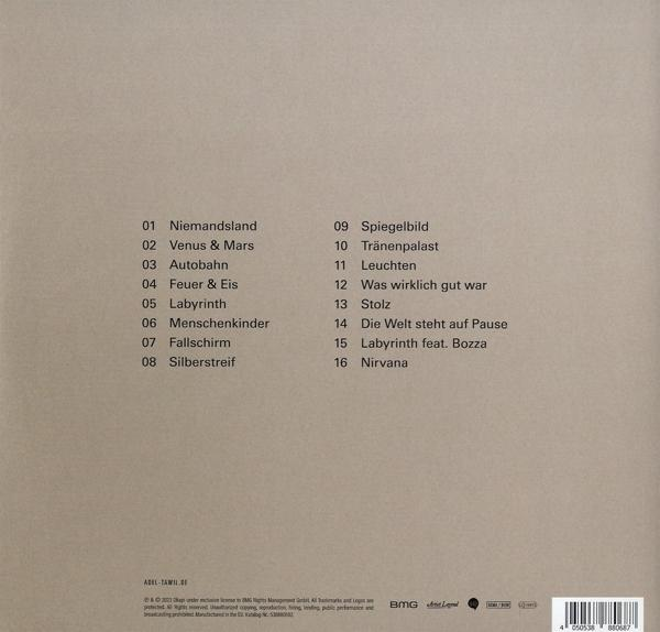 Albumcover mit Titelliste. Text ist in Schwarz und Weiß. Der Künstler ist Adel Tawil. BMG-Logo ist sichtbar.